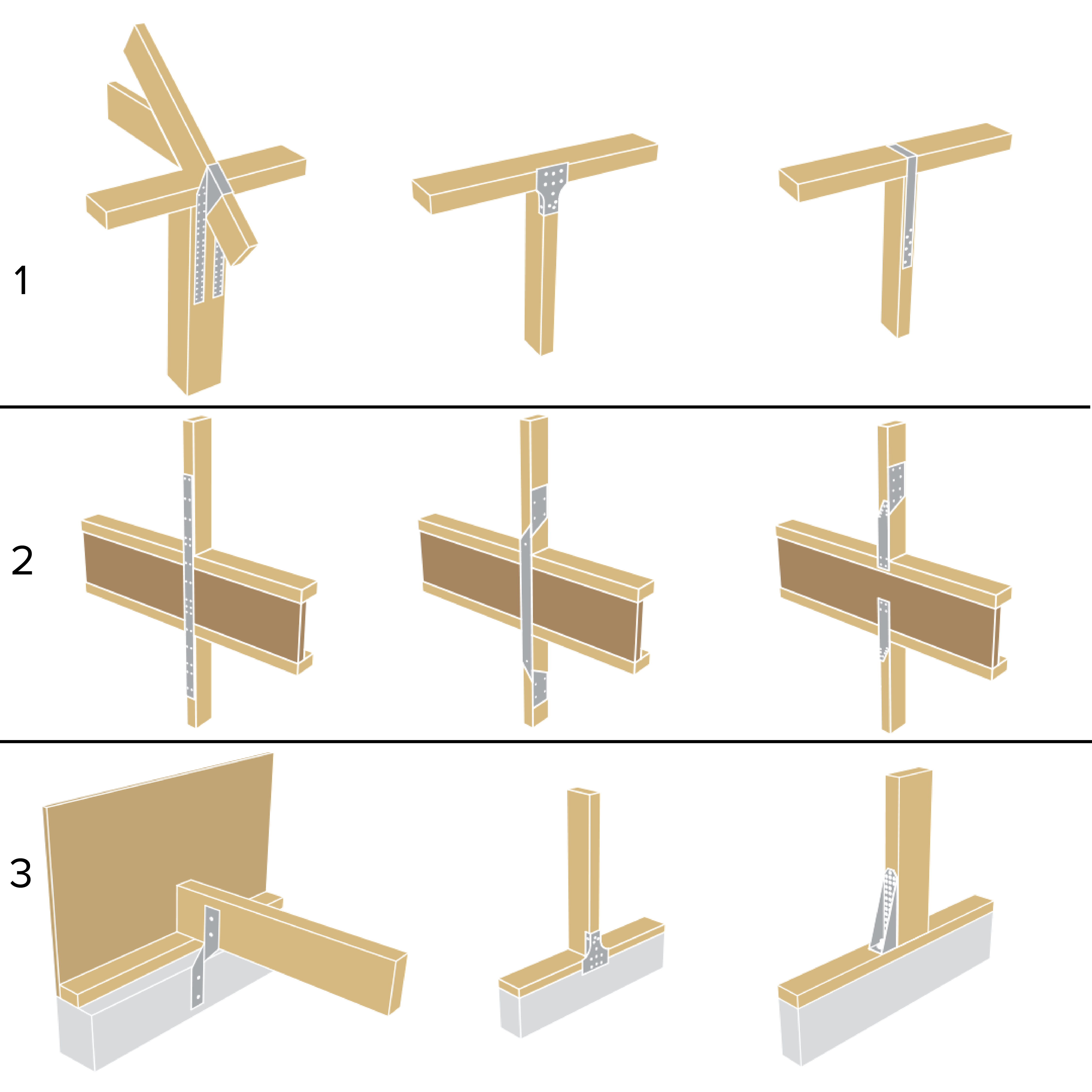 Nine examples of connectors with roof to wall, story to story and wall to foundation connections.